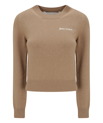 Palm Angels Classic Logo Knit Jumper In Brown