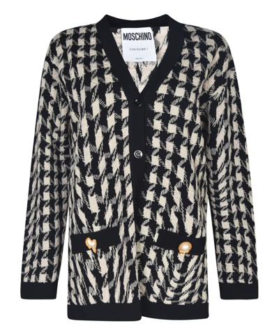 Moschino Houndstooth-pattern Wool Cardigan In Black