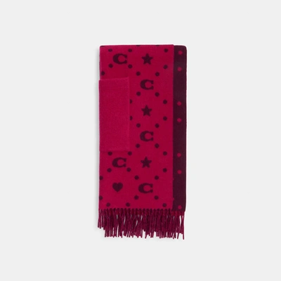 Coach Outlet Stars And Hearts Print Oversized Muffler With Pockets In Red