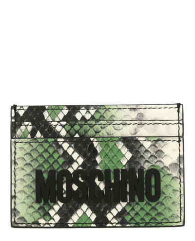 Moschino Snakeskin Print Logo Card Holder In Green