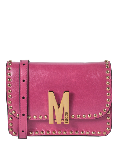 Moschino M Logo Studded Shoulder Bag In Pink