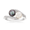 Ross-simons 6-6.5mm Black And White Cultured Button Pearl And . Diamond Bypass Ring In Sterling Silver In Silver