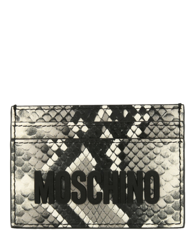 Moschino Snakeskin Print Logo Card Holder In Silver