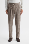 REISS RAIL - BROWN PRINCE OF WALES CHECK BELTED TROUSERS, 34