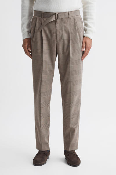 Reiss Rail - Brown Prince Of Wales Check Belted Trousers, 34