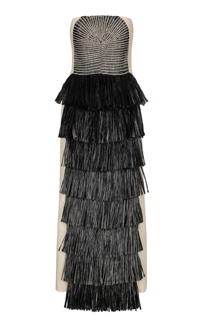 Johanna Ortiz Western Flames Fringed Cotton Midi Dress In Black,white