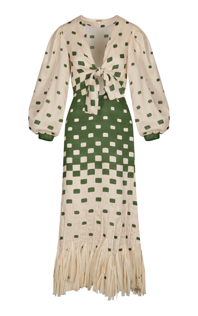 Johanna Ortiz Pradera Geometric-print Tie-cutout Long-sleeve Midi Dress In Ecru Green