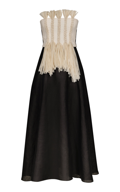 Johanna Ortiz Unforgiven Stories Embroidered Organic Linen Midi Dress In Black Ecru