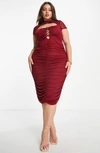 Asos Design Curve Cut Out Lace Up Ruched Mesh Midi Dress In Plum-multi In Red