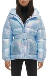 Noize Belted Oversize Hooded Puffer Coat In Aquamarine