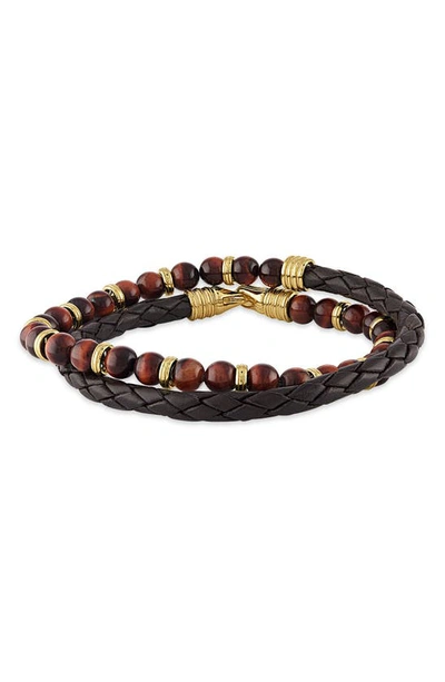 Esquire Tiger's Eye Bead & Braided Leather Bracelet In Gold