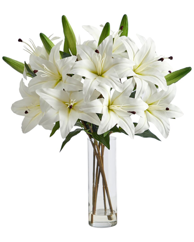 Nearly Natural 25in Artificial Lily Arrangement With Cylinder Glass Vase In White