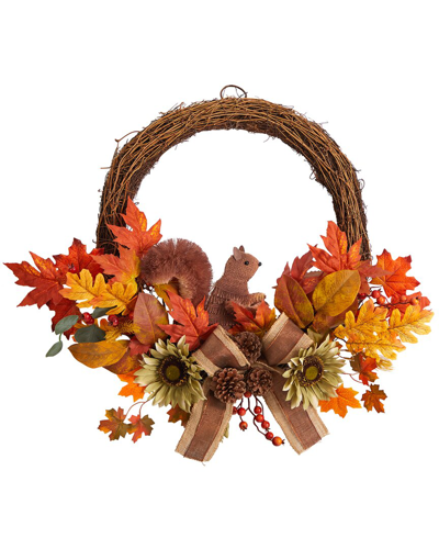 Nearly Natural 26" Fall Harvest Artificial Autumn Wreath With Twig Base And Bunny In Orange