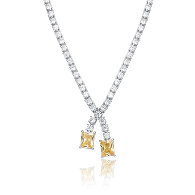 Genevive Sterling Silver With Colored Cubic Zirconia Two-stone Tennis Necklace In Yellow