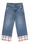 Palm Angels Girl's Check-print Trim Medium Wash Jeans In Blue