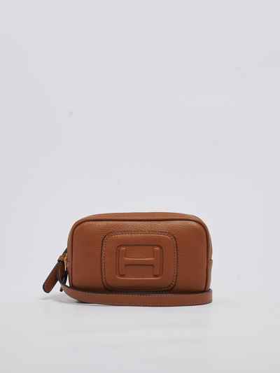 Hogan Mini H-bag Logo-embossed Leather Bag In Cuoio