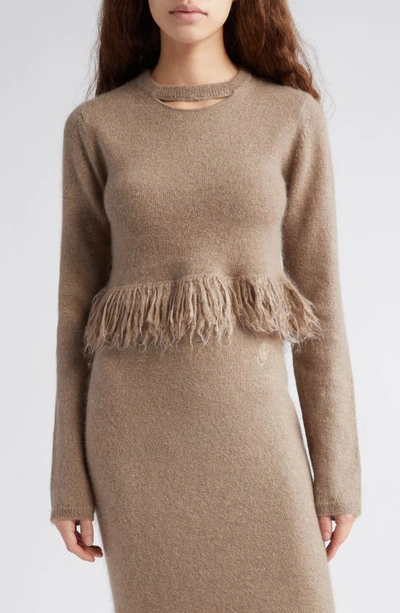Jw Anderson Fringe-hem Cutout Long-sleeve Crop Sweater In Brown