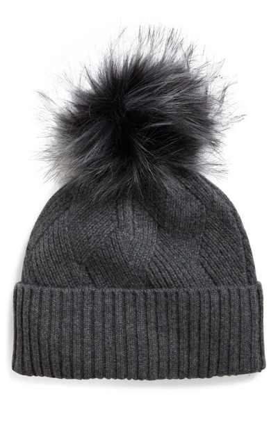 Nordstrom Recycled Cashmere Pom Beanie Grey Micro Heather Dark Gray Knit Cashmere Beanie Hat with Fox Fur Pom-Pom  main image 4