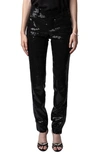 Zadig & Voltaire Prune Ankle Zip Sequin Straight Leg Pants In Noir