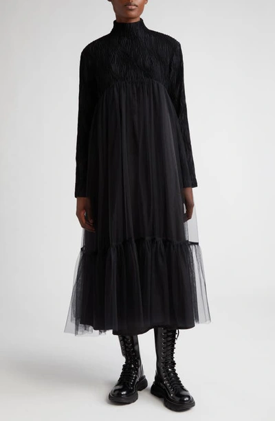 Noir Kei Ninomiya Wave Long Sleeve Tweed & Tulle Midi Dress In Black