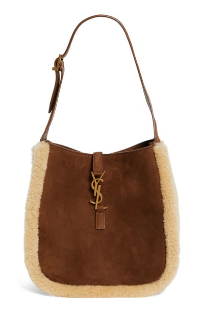 Saint Laurent Le 5 A 7 Shearling & Suede Shoulder Bag In 2281 Dk Sigaro Na