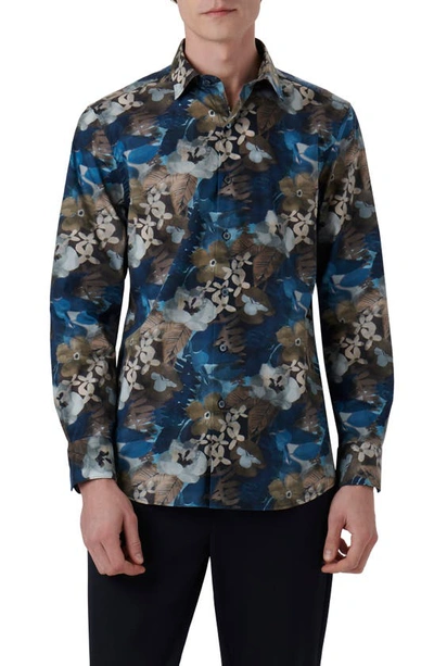 Bugatchi Julian Shaped Fit Watercolor Floral Print Stretch Cotton Button-up Shirt In Night Blue