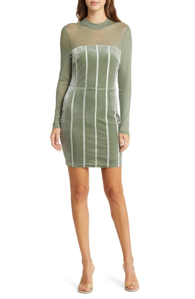 BEBE LONG SLEEVE MESH & VELVET COCKTAIL MINIDRESS