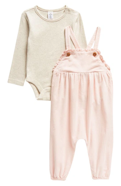 Nordstrom Babies' Long Sleeve Cotton Bodysuit & Corduroy Overalls Set In Pink Lotus- Beige Heather