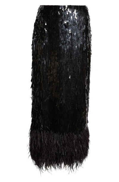 Johanna Ortiz Euforia Purs Feather-trimmed Sequined Chiffon Midi Skirt In Black
