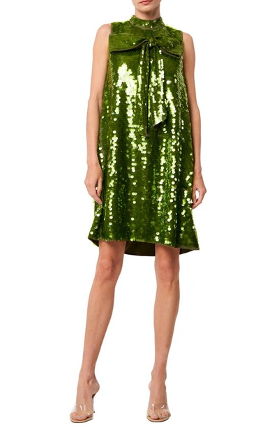Ciebon Anita Bow Paillette Sequin Sleeveless Mini Shift Dress In Olive