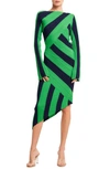 Ciebon Osha Directional Stripe Long Sleeve Asymmetric Knit Dress In Green/ Navy