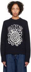 Ganni Blue Sweater With Intarsia Logo Detail In Wool Blend Woman In 683 Sky Captain