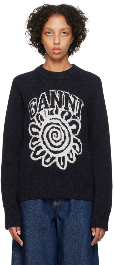 Ganni Blue Sweater With Intarsia Logo Detail In Wool Blend Woman In Navy