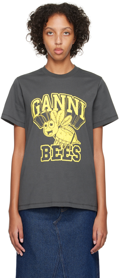 Ganni Printed Cotton T-shirt In Grey