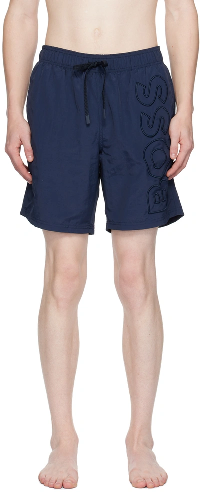 Hugo Boss Navy Embroidered Swim Shorts In Navy 413