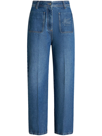 Etro Pegaso-embroidered Cropped Jeans In Blue