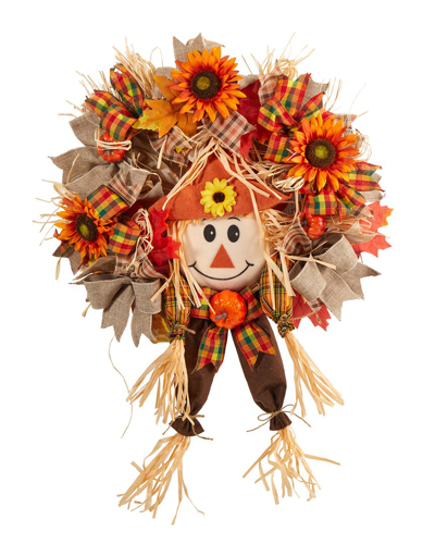 Nearly Natural 30in Scarecrow Fall Artificial Autumn Wreath With Sunflower In Orange