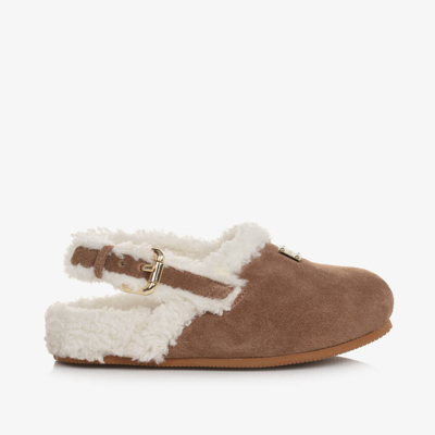 Dolce & Gabbana Kids' Girls Tan Brown Leather & Sherpa Mules