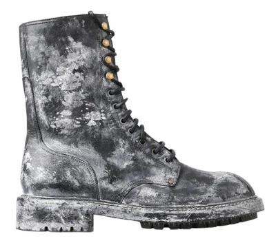 Dolce & Gabbana Black Grey Leather Mid Calf Boots Shoes