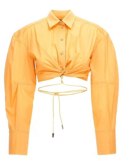 Jacquemus Plidao Gathered Waist-tie Crop Collared Shirt In Yellow