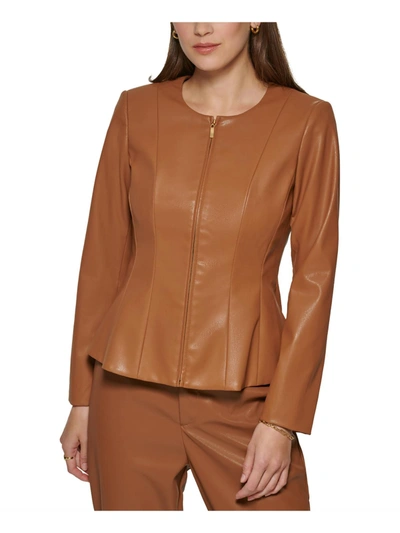 Dkny Womens Faux Leather Lightweight Soft Shell Jacket In Brown