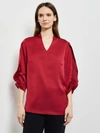 Misook Gathered Tulip Sleeve Crepe De Chine Blouse In Red