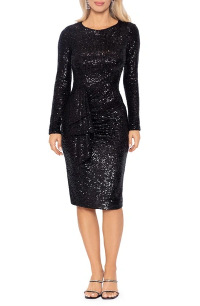 Xscape Women's Long-sleeve Ruffle-front Sequin Dress In Black