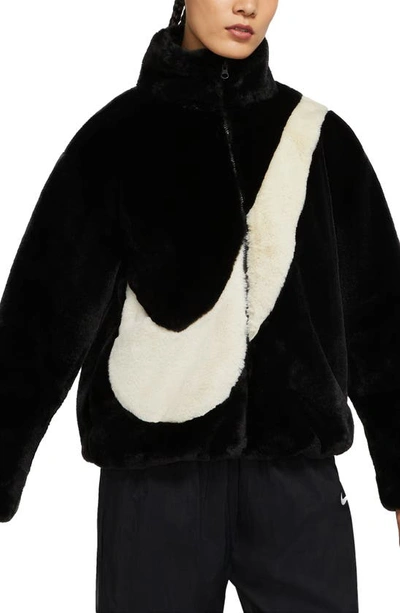 Nike Sportswear Faux Fur Swoosh Jacket In White/black