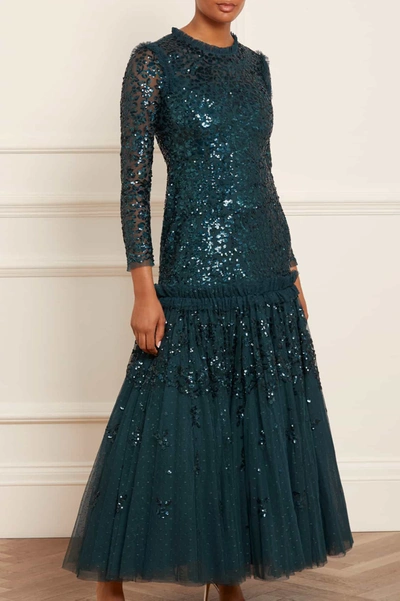 Needle & Thread Regal Rose Long Sleeve Gown In Green