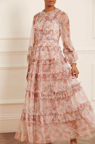 Needle & Thread Floral Wreath Ruffle Gown In Pink
