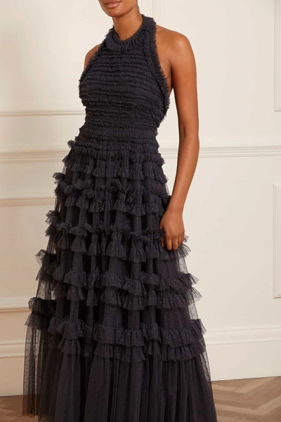 Needle & Thread Lisette Ruffle Halter Neck Gown In Black