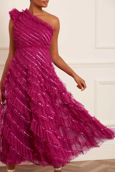 Needle & Thread Spiral Sequin One-shoulder Ankle Gown In Pink