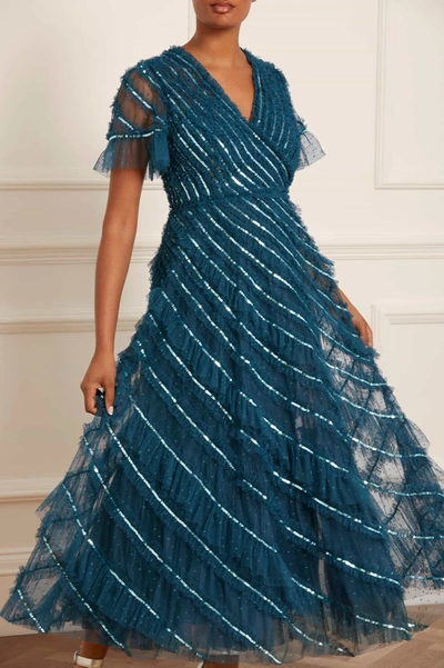 Needle & Thread Spiral Sequin V-neck Ankle Gown In Blue