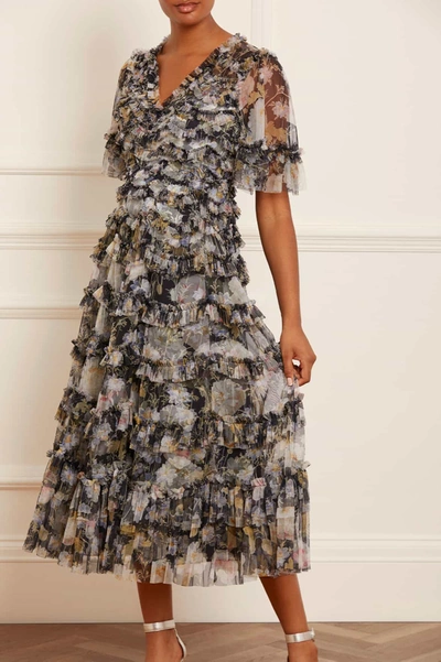 Needle & Thread Moonlight Petals Floral-print Tulle Midi Dress In Black